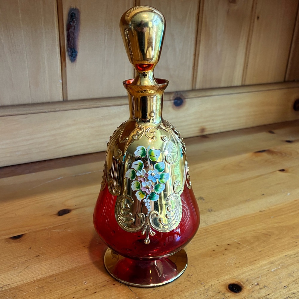 Vintage Ruby Red Murano Handblown Glass Decanter Set 24 Karat Gold - Picture 10 of 10